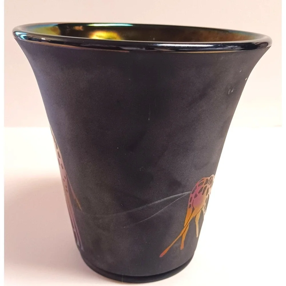 Vintage Fenton Glass OOAK Giraffe Vase Black Green Purple Sand Carved Custom